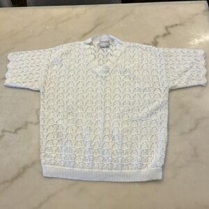Vtg Blair Women's White Short Sleeved Open Knit Pullover Sweater Size Medium